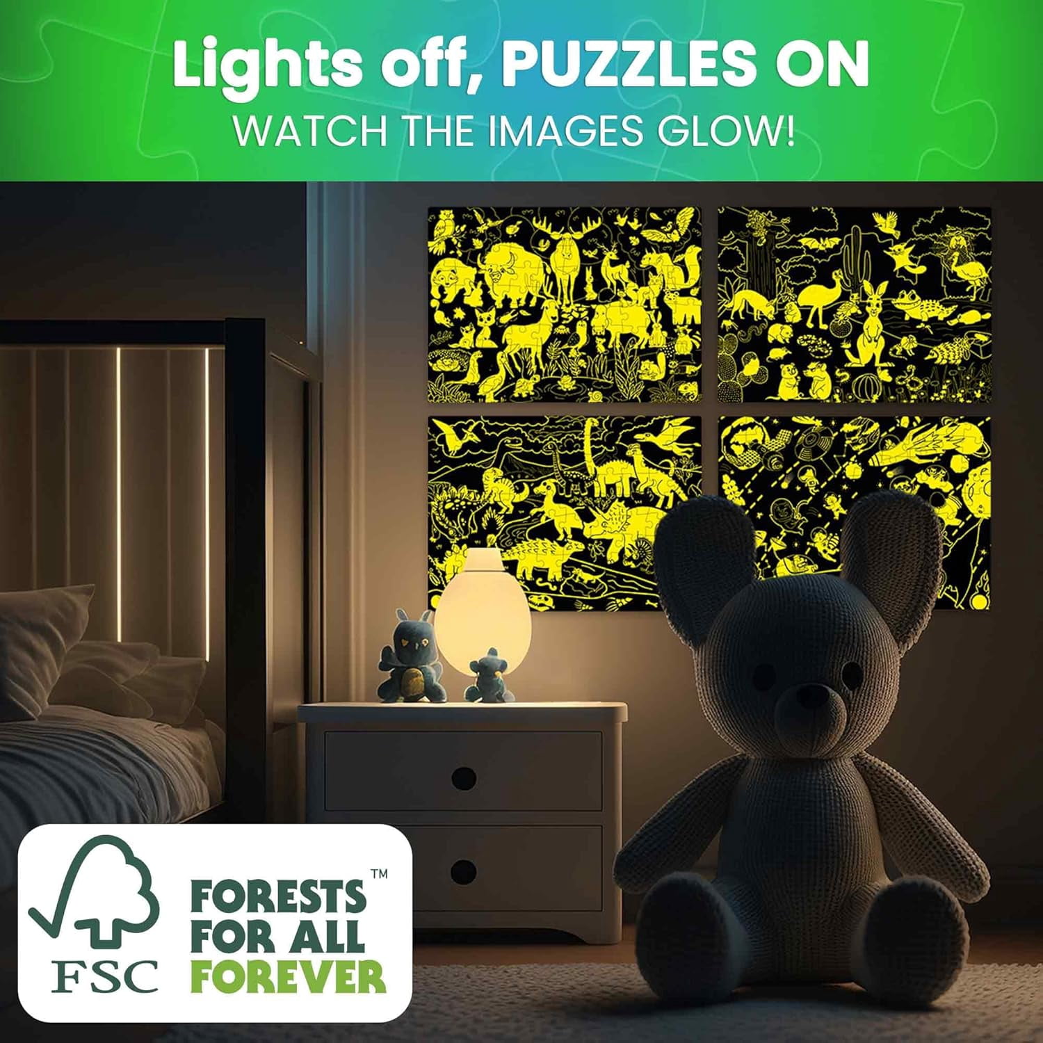 QUOKKA 4x100 Piece Puzzles for Kids Ages 6-8 – Glow-in-The-Dark Puzzles Space, Dinosaurs, Animals – Fun Educational Puzzle for Boys & Girls