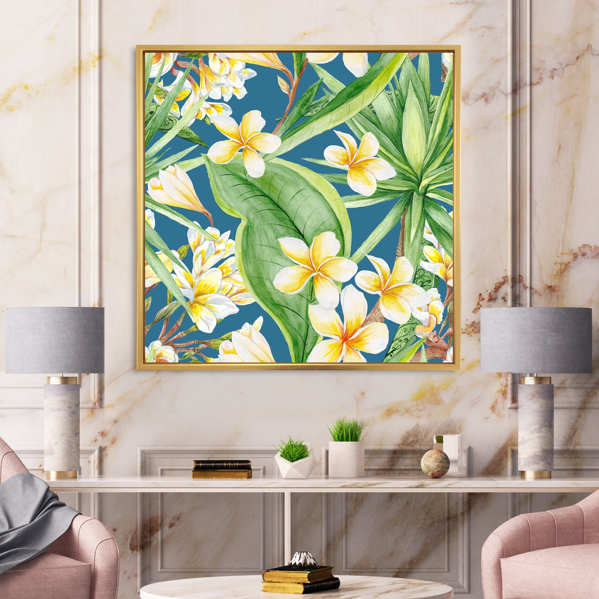 Designart 'Yellow Flowers and Tropical Foliage XV' Modern Framed Canvas Wall Art Print