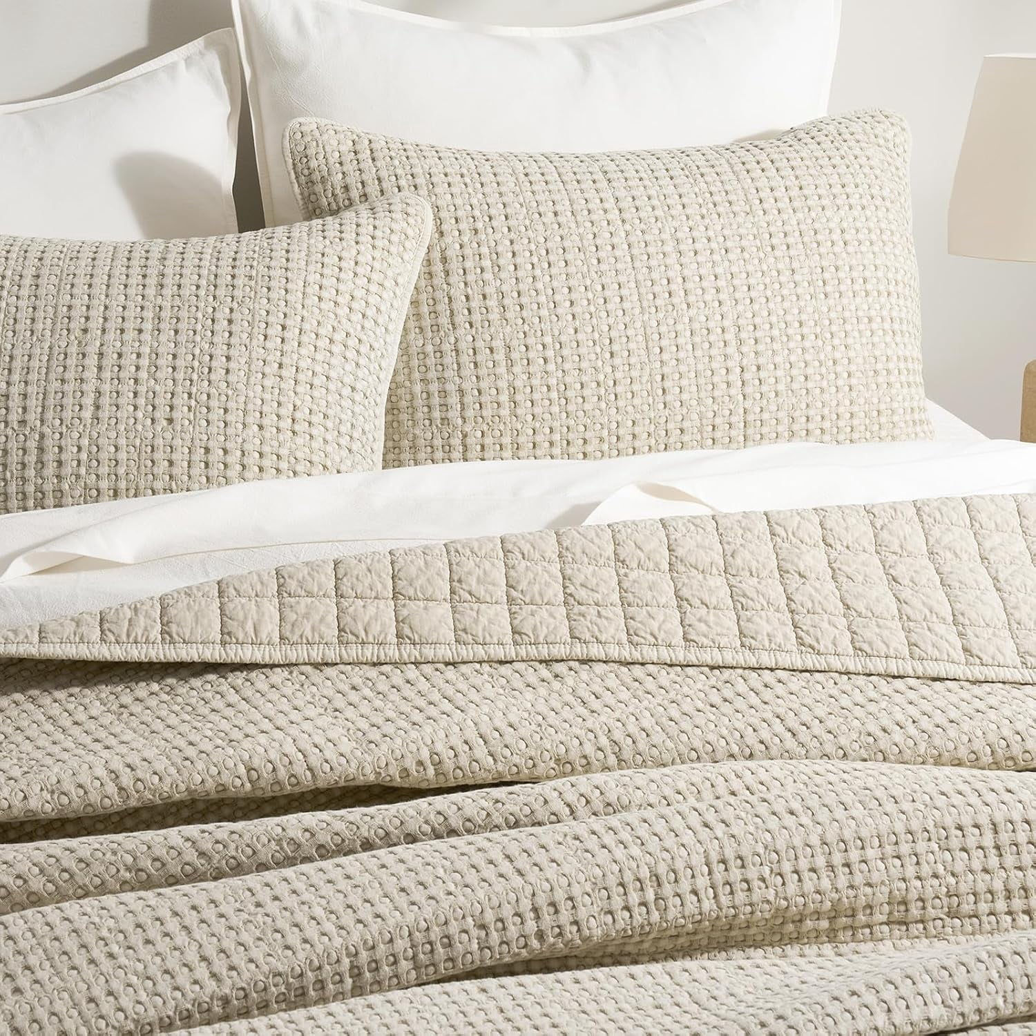 EVERGRACE Stonewashed 100% Natural Cotton Waffle Quilt Set King Size 3 Pieces, Soft, Breathable & Substantial Bedding, Quilted Coverlet Bedspread with 2 Shams for All Seasons, Natural