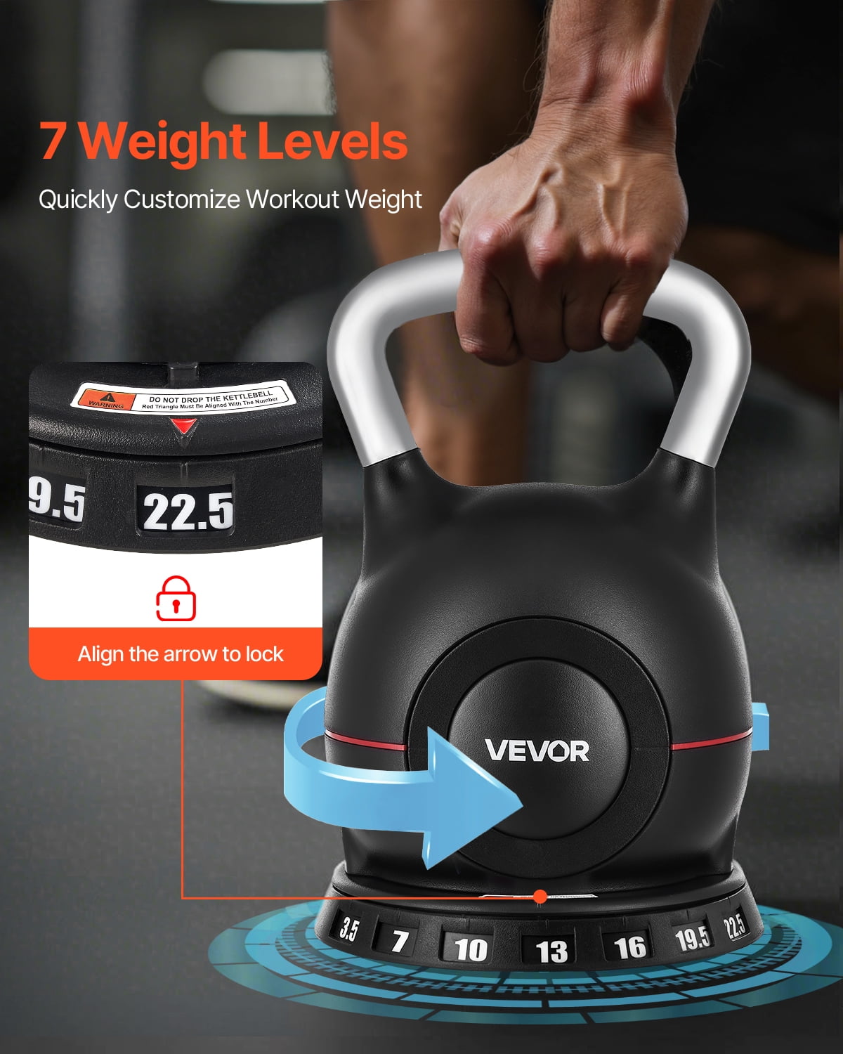 VEVOR Kettlebell, Adjustable Kettlebell with 7 Weight Levels (3.5, 7, 10, 13, 16, 19.5, 22.5 lbs), Die-Cast Aluminum and ABS Material, for Grip Strength Training, Full-body Workout & Cross-Training