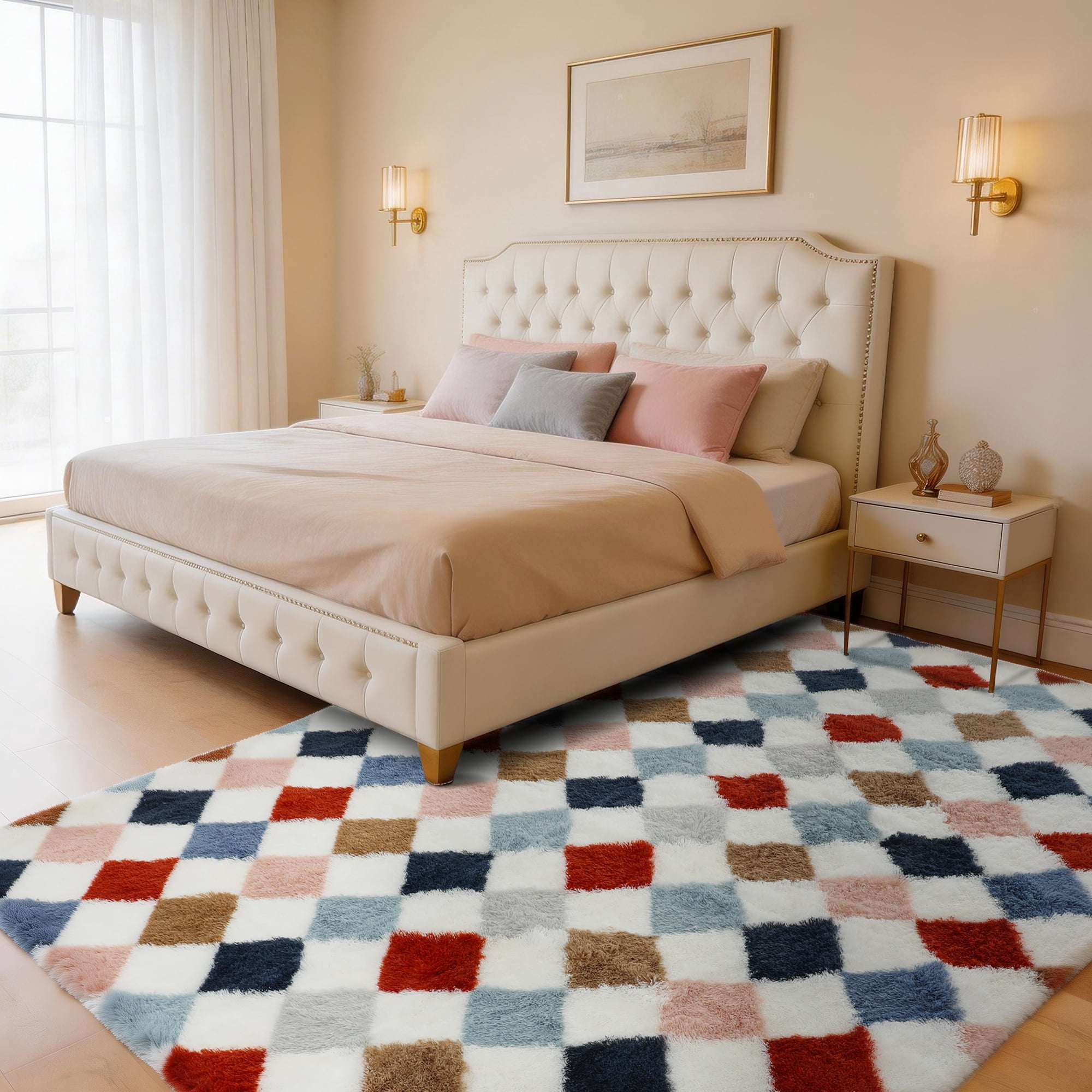 CozyDesg 5ftx7ft Area Rugs,Shag Fluffy Checkered Rugs for Living Room,Bedroom,Modern Room Decor Carpet, Non-Slip Floor Rug,Colorful B