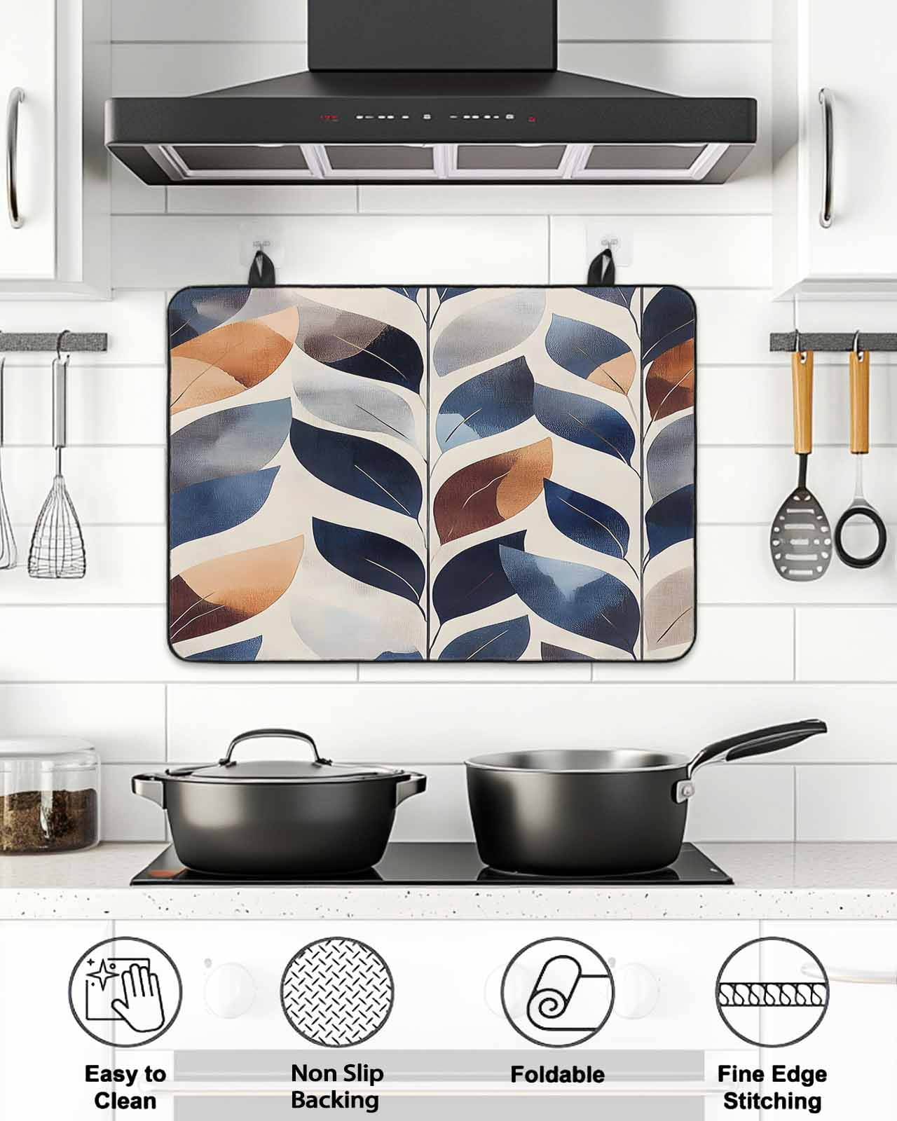 Stove Top Covers for Electric Stove, Navy Blue Burnt Orange Glass Stovetop Cover Protector, Botanical Palm Leaf Abstract Induction Cooktop Protector Oven Mat for Kitchen Countertop 24"x21"