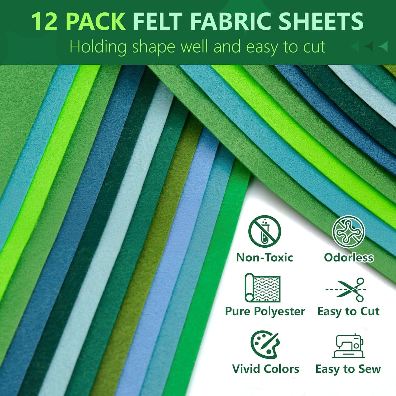 Large Stiff Felt Sheets Bundle Felt Fabric Sheets for Crafts 12 Rolls 8"x35" Soft Summer Color 12 Assorted Colors Felt Pack for Kids DIY Craft Sewing Squares Nonwoven Patchwork (Green)