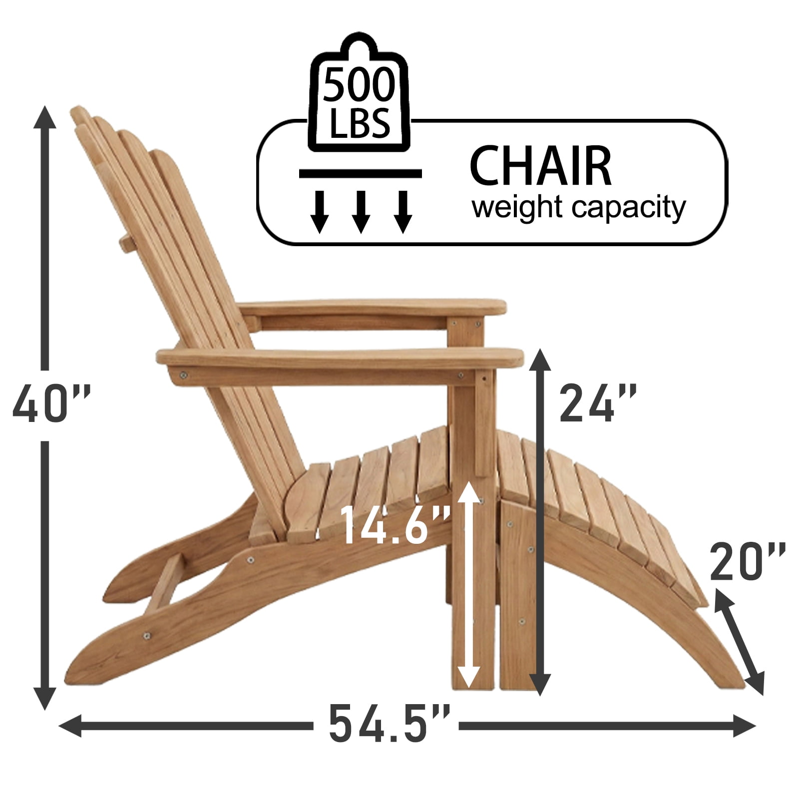 Outdoor Wooden Adirondack Chair with Footrest, Teak Leisure Line Adirondack Chair All Weather Fire Pit Chair Suitable for Patio Lawn Gardens Terraces Poolside