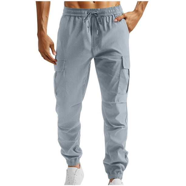 Pantalones largos para hombre, lisos, informales, con bolsillos, cintura elástica, para exteriores, cargo, de poliéster