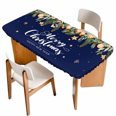 Navy Blue Christmas Table Cloths for 3 Foot Rectangle Tables Xmas Botanical Ball Bell Patio Waterproof Elastic Fitted Tablecloths Washable Rectangular Table Cover for Camping
