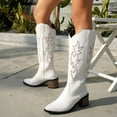 thumbnail image 4 of Wide Calf Knee High Cowboy Cowgirl Boots for Women Roman Casual Leather Pointed Stacked Mid Heel Western Riding Tall Boots White Size 8, 4 of 8