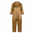 thumbnail image 3 of AKOEE Satin Capri Pajamas for Women 2 Piece Sets Soft 3/4 Sleeve Button Up Shirt Capris Pant Lounge Sleepwear (XL, Brown), 3 of 8