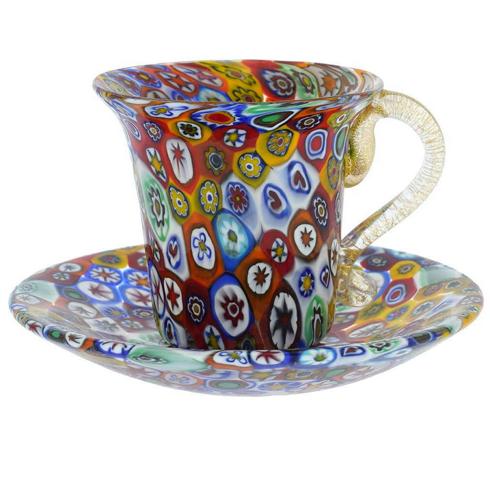 GlassOfVenice Murano Glass Millefiori Cup and Saucer Multicolor