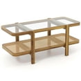 thumbnail image 1 of Costway 2-Tier Rustic Coffee Table with Storage Tempered Glass Tabletop PE Rattan Shelf, 1 of 10