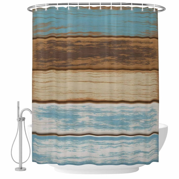 Small Stall Shower Curtain 36x78 Inch Narrow Half Size Blue Brown Bath Curtains Bathroom Decor, Farmhouse Rustic Wooden Plank Board Waterproof Fabric Shower Curtain Set with Hooks 36 Inch