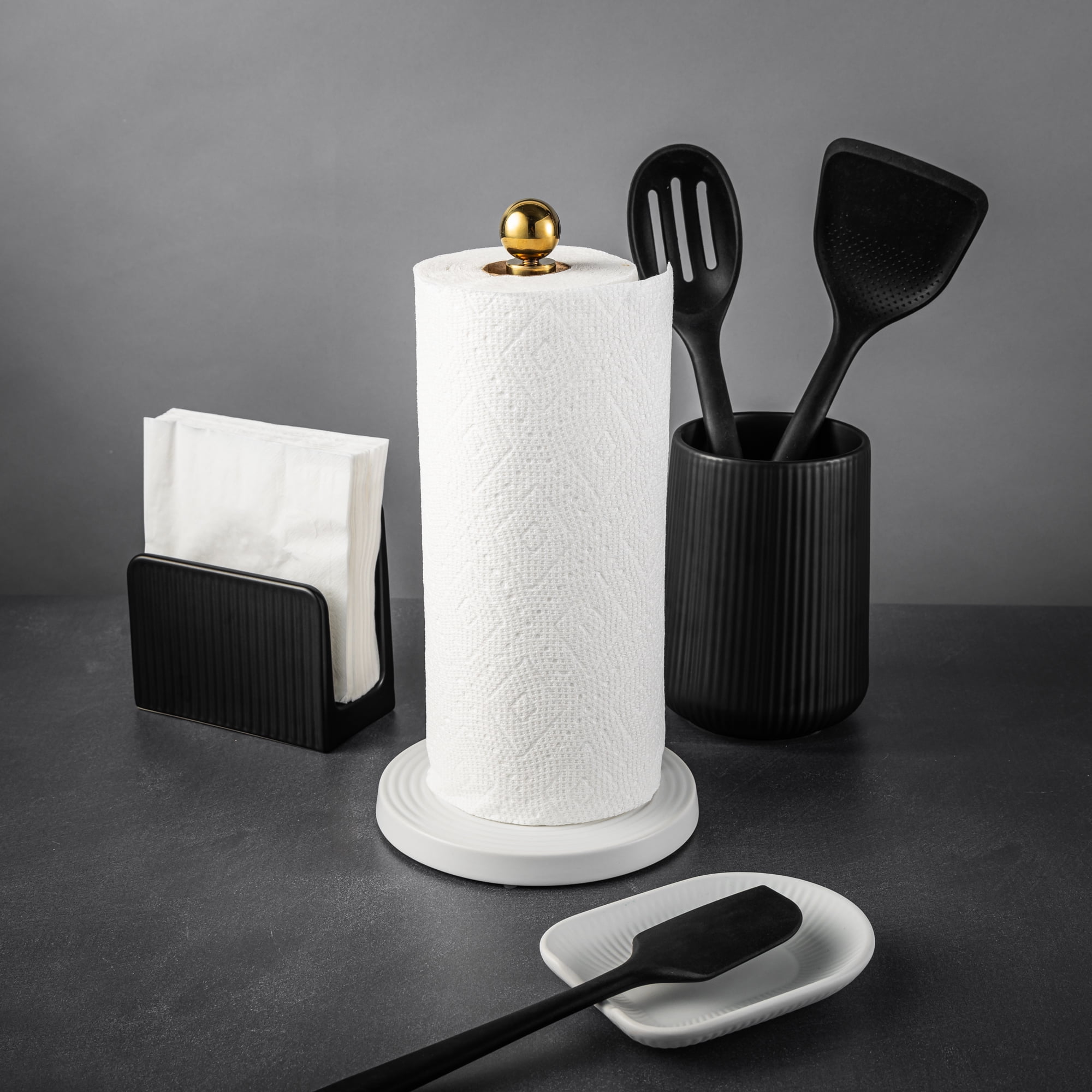 Thyme & Table Paper Towel Holder with Ribbed Ceramic Base, White and Gold