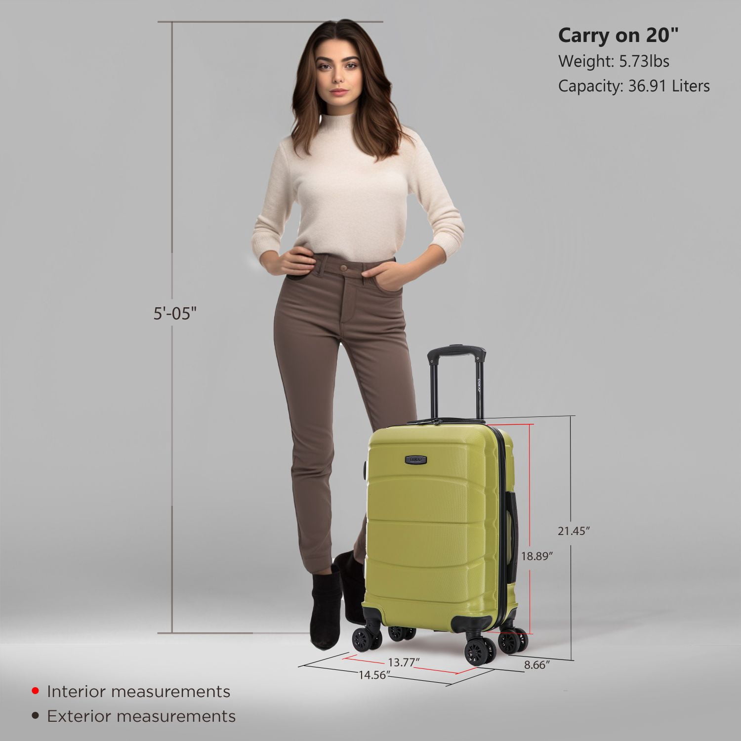 DUKAP SENSE 20" Hardside Lightweight Carry On Luggage with Spinner Wheels, Handle and Trolley, Green
