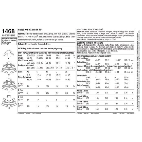 Simplicity Misses' Size X-XL Maternity Tops & Vests Pattern, 1 Each