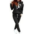 thumbnail image 4 of Brilliant Two Piece Outfits Women Plus Size Fall Women's Casual Print Hooded Drawstring Loose Long Sleeve Sweatshirt Tops and Long Pants Set Suits Black S, 4 of 5