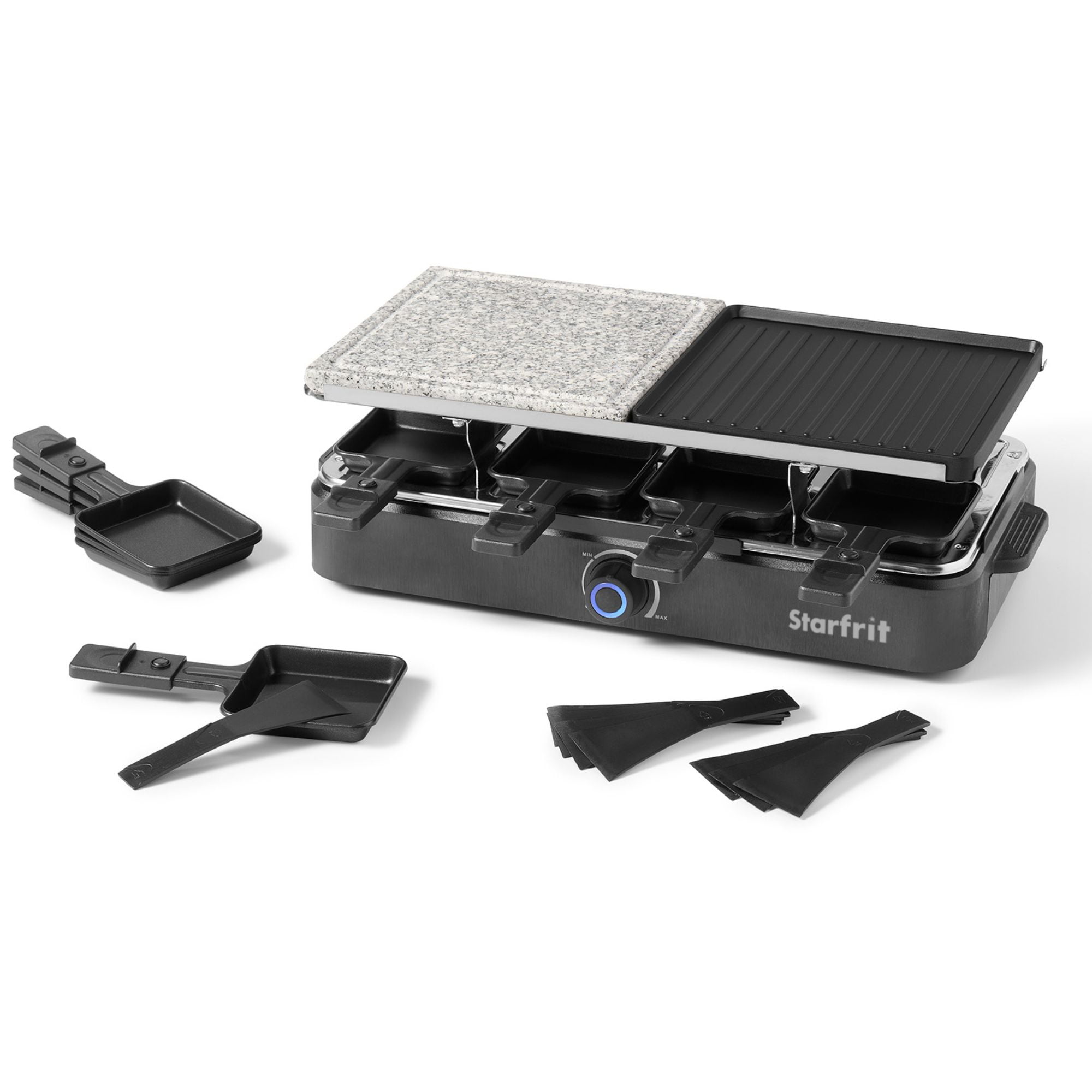 Starfrit 8-Person Raclette Party Grill, 2-in-1 Die-Cast Aluminum & Cooking Stone, Adjustable Temperature, 8 Spatulas & Dishes, 1300W, Hand Wash, Black, 2-in 1 Grill or griddle