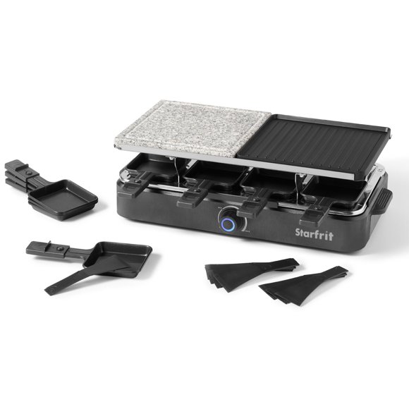 Starfrit Grill à Raclette pour 8 Personnes, Température Réglable, 8 Spatules et Plats Antiadhésifs, 1300W, Nettoyage à la Main, Noir