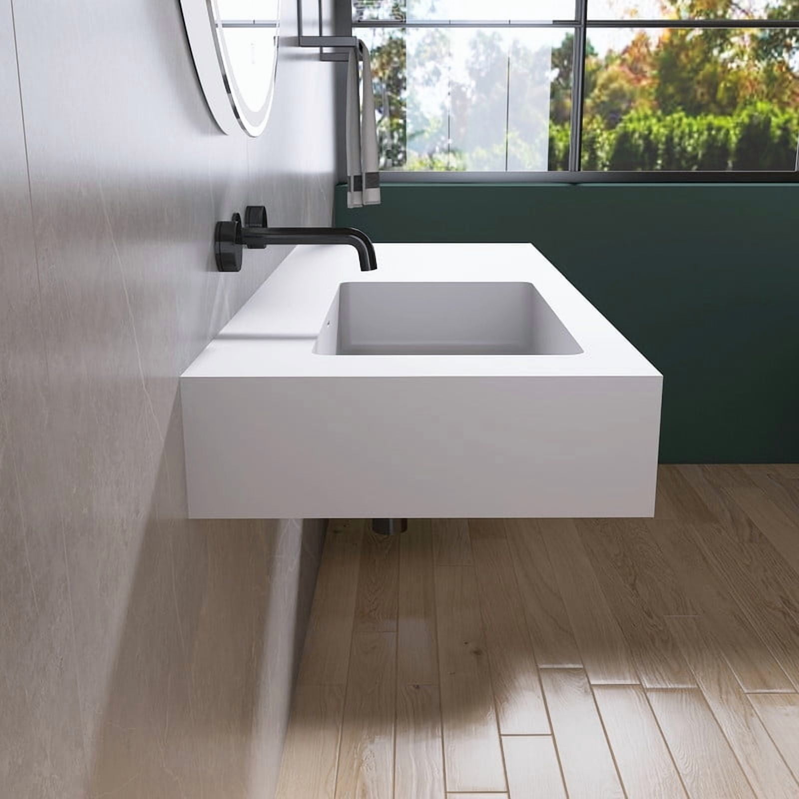 MEDUNJESS 47" Premium Stone Resin Solid Surface Bathroom Vanity Sink - Wall Mount Sink with Black Bracket and overflow,Durable Freestanding Modern Basin