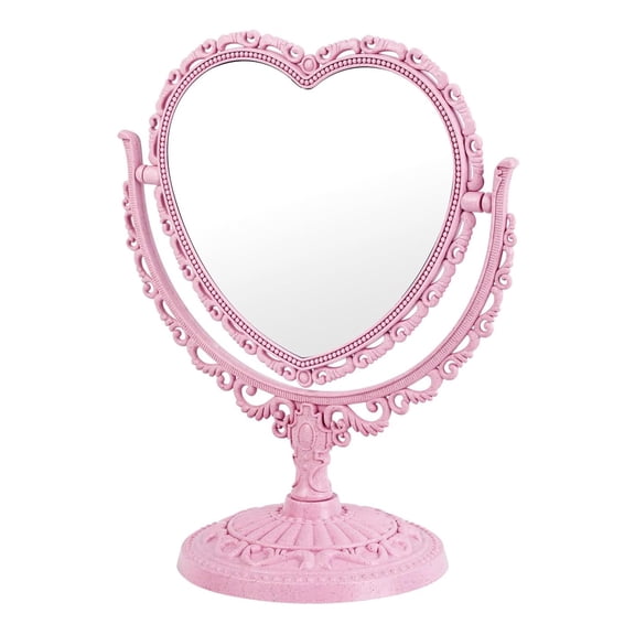 XIBUFE Heart Shaped Cute Vanity Princess Mirror for Desk,Double-Sided Rotatable Table with Stand Downtown Girl Room Coquette Decor (Pink) Elegant Desk Mirror