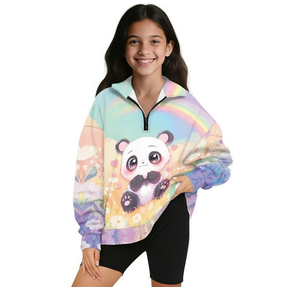 COEQINE Girls Quarter Zip Sweatshirt Pullover, Loose Fit Long Sleeve Fall Tops with Collar, Soft Polyester Fashion Top for Ages 5-6 Machine Washable, Panda Rainbow
