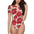 thumbnail image 2 of Goofa Rose Flowers Printed Women Rash Guard Short Sleeve,Tummy control Swimsuit Surfing Swimsuit Bathing Suit One Piece Swimsuit UPF 50-Small, 2 of 9