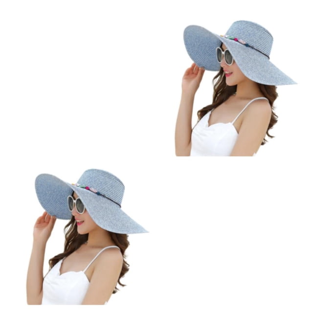 Dalazy Foldable Beach Hat With Elastic Strap Inside - Easy To Carry And Wear Beach Straw Hat Beach Cap Blue 2Set