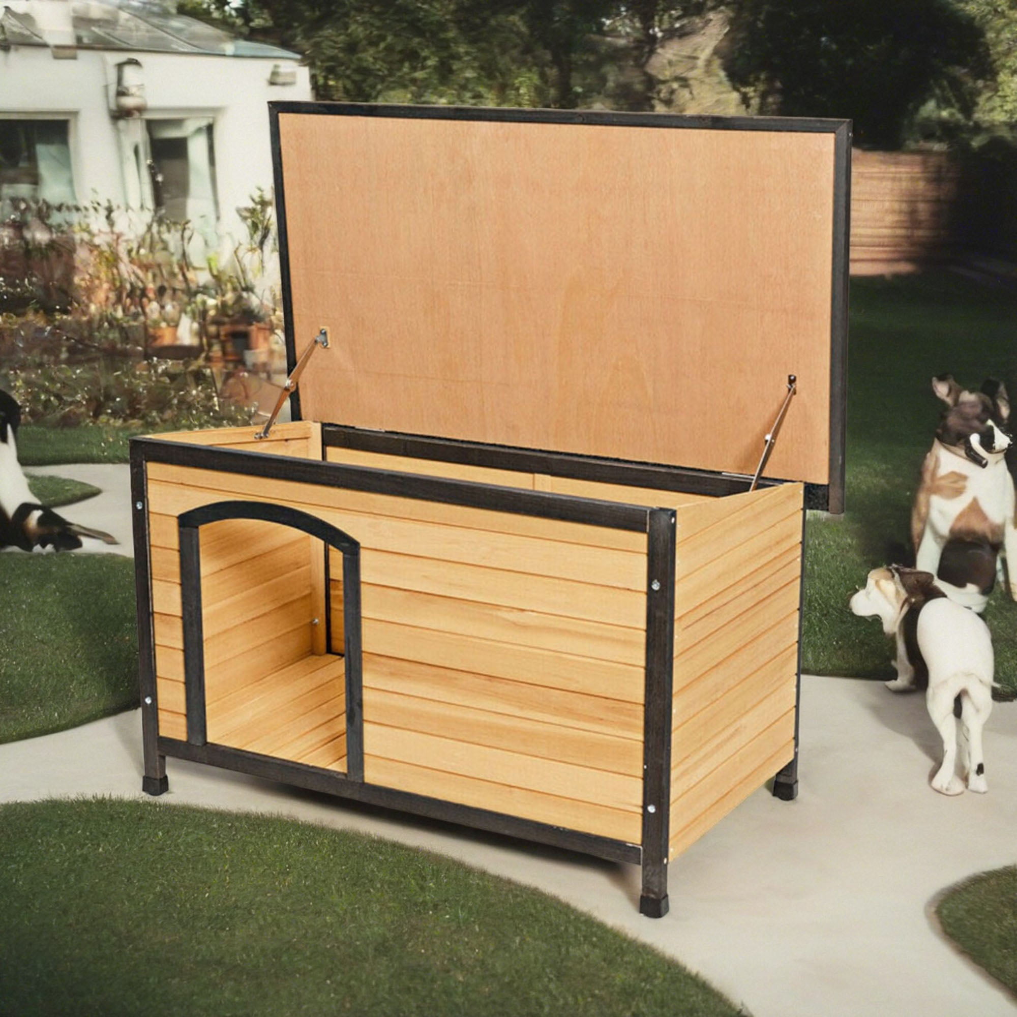 Pefilos 45" Wood Dog Houses for Medium Dogs, Outdoor Weatherproof Pet Cat House with Hinged Roof, Beige Pefilos 45" Wood Dog Houses for Medium Dogs, Outdoor Weatherproof Pet Cat House with Hinged Roof, Beige