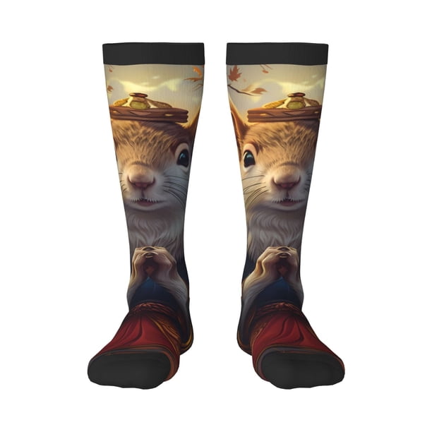 Fotbe Maple Leaf Meditating Squirrel Calcetas Divertidas Estampadas para Hombre y Mujer, Calcetas de Algodón hasta la Rodilla para Caminar, Correr, Enfermería y Embarazo