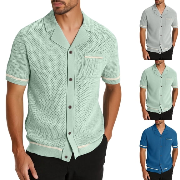 SGFCWSX Mens Short Sleeve Button Down Shirts, Men's Breathable Knit Button Up Shirt with Chest Pocket Green Size 3XL