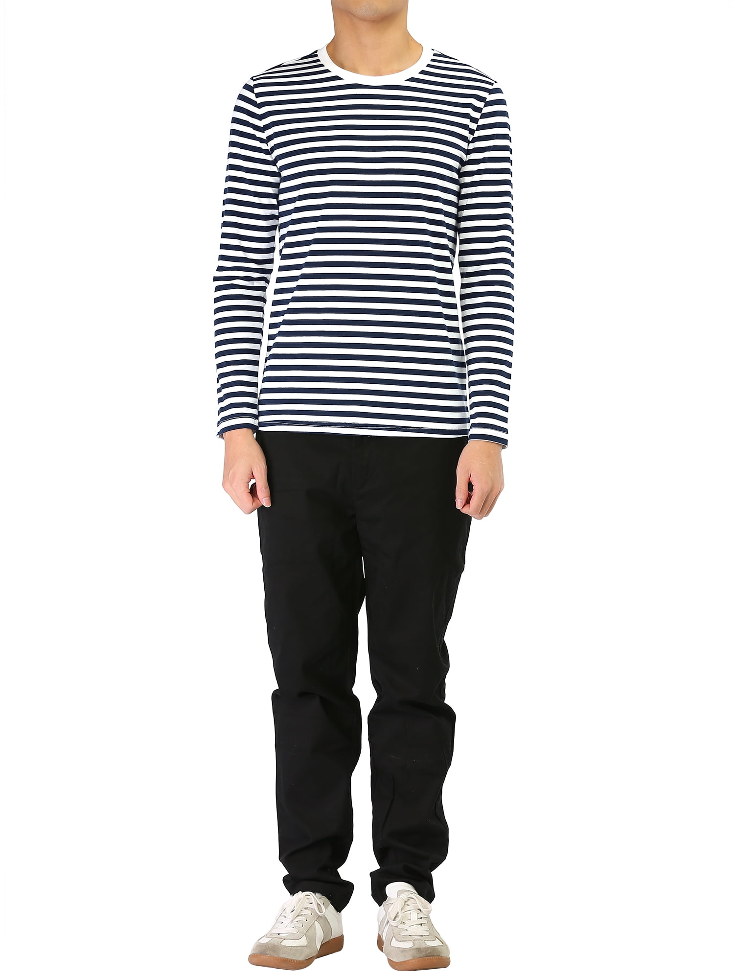 Unique Bargains Men's Long Sleeve Pullover Top Crew Neck Striped T-Shirts 42 Navy Blue