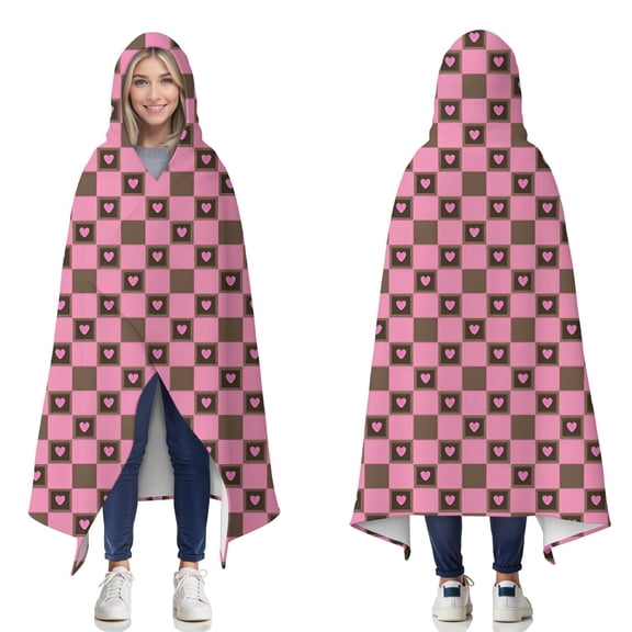 Wearable Blanket,Pink Brown Heart Checkered Pattern Hooded Wearable Flannel Blanket for Adults & Teens,Winter Poncho Shawl Wrap Cape Cozy Anti-Pill,50"x60"