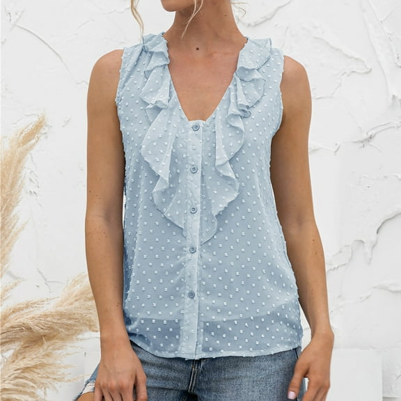 Ersazi Womens Tank Tops 2024 Summer Women's V Neck Sleeveless Lace Dots Shirts Blouses Vintage Elegant Tops Blue M