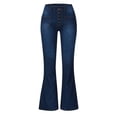 thumbnail image 5 of Karymi Shorts for Women High Waist Multi Button Flare Jeans, Button Fly Belt Loops Full Length Bootcut Denim Trousers, Square Patch Front Pockets Wide Leg Pants Woman, 5 of 6