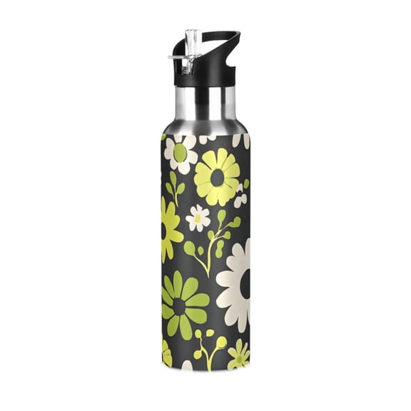 Yayeee 20oz Insulated Water Bottle Double Wall Stainless Steel with Flip Straw Lid, Green Flower Pattern