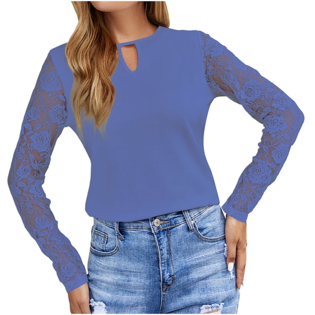 Plebaso 2025 Womens Tops Lace Long Sleeve Patchwork Tee Shirts Cut-Out Dressy Blouses for Summer Spring
