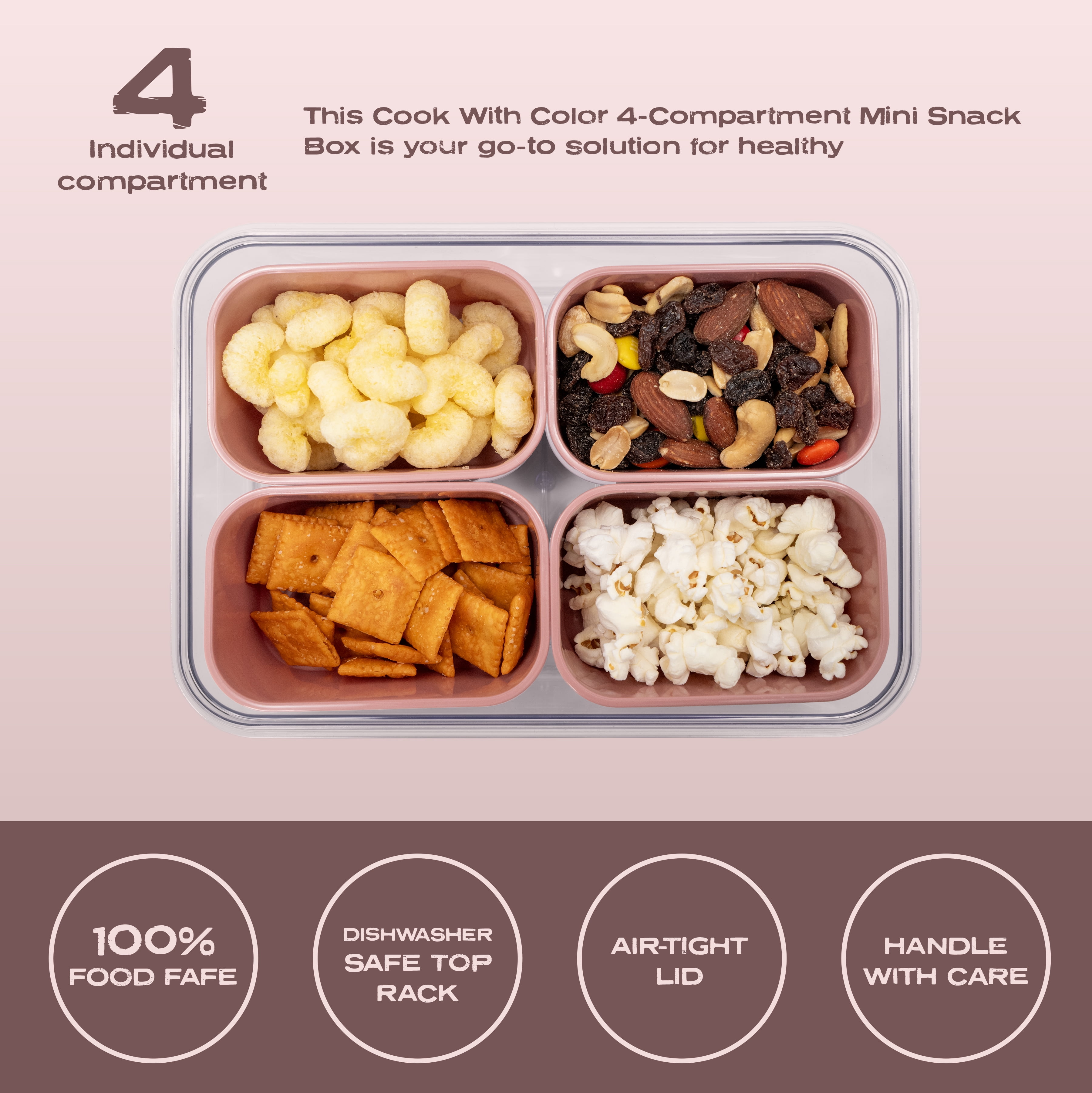 Cook with Color Pink Portable 4-Compartment Snack Food Storage Container, Portable and Dishwasher Safe with Ice Packs