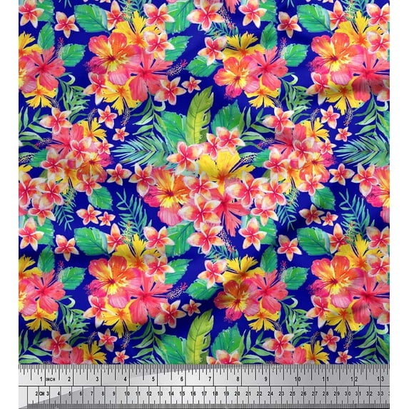 Soimoi Blue Silk Fabric Plumeria & Floral Print Fabric By the Yard 44 Inch Wide