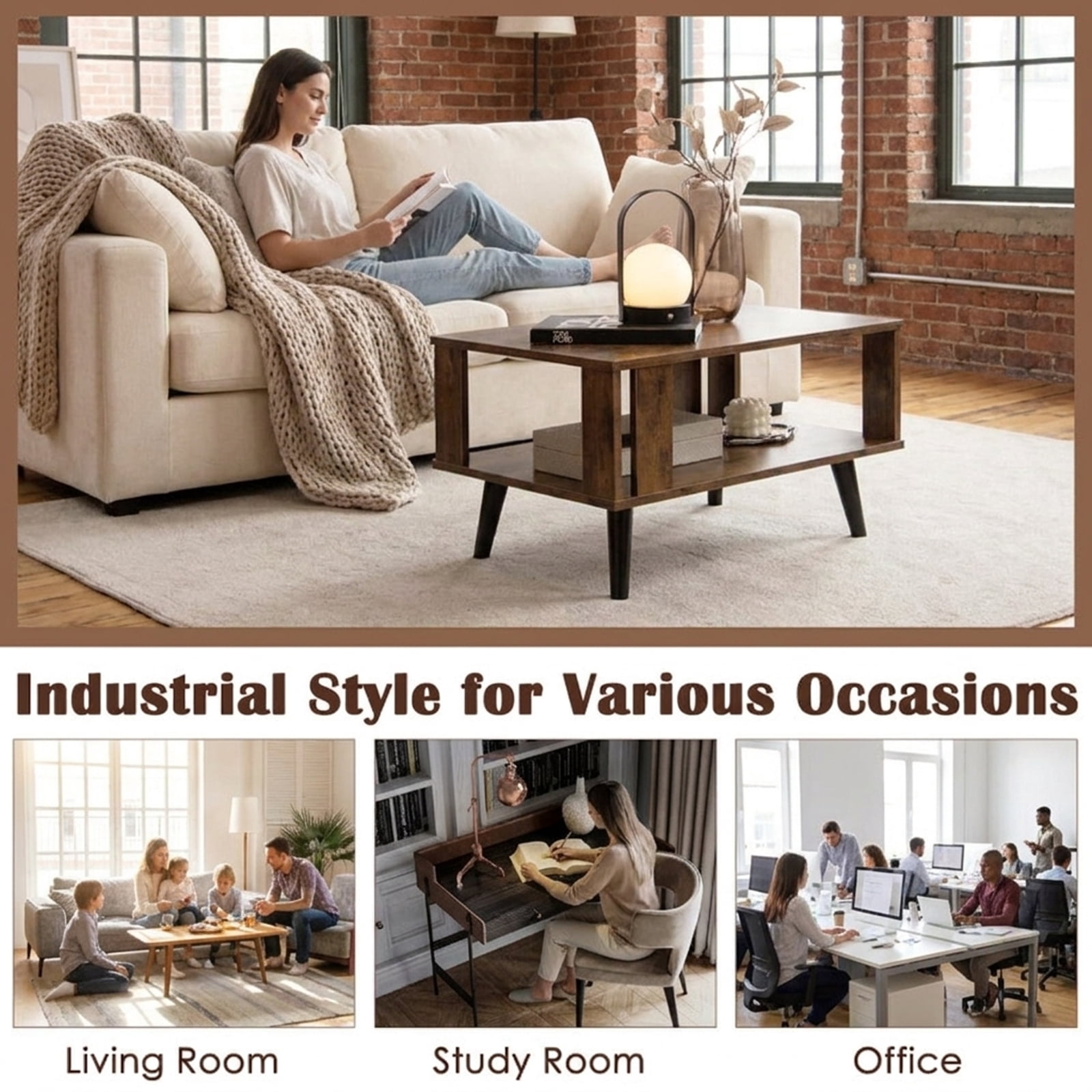 Furnibear Compact Retro Mid-Century Coffee Table with Storage Open Shelf - Rustic Brown - Living Room Cocktail Center Table