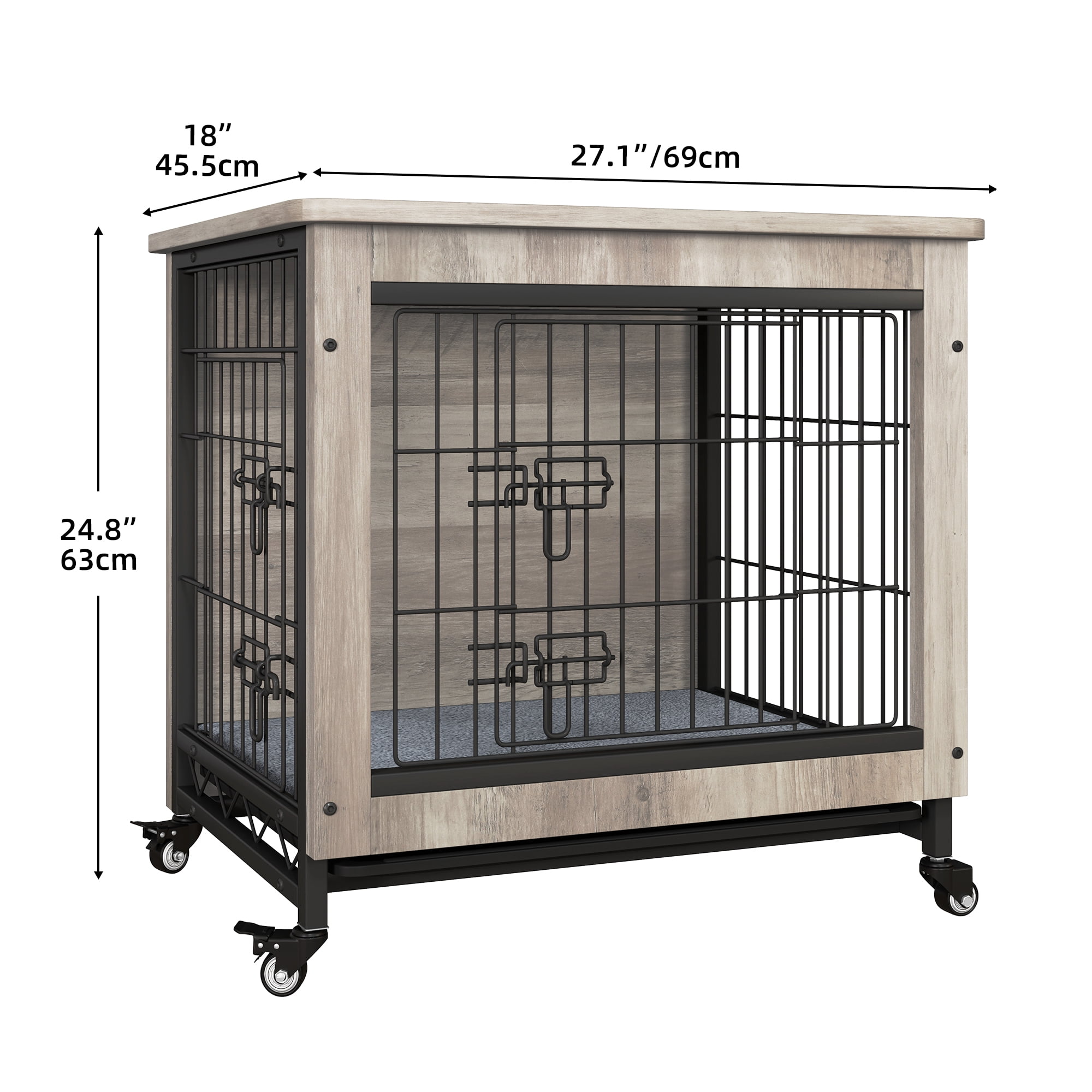 Dextrus Dog Crate Furniture  with Double Doors, Indoor Dogs Kennel with Wheels,Dog Crate End Table with Cushion & Tray-27.1"L x 18"W x 24.8"H,Gray