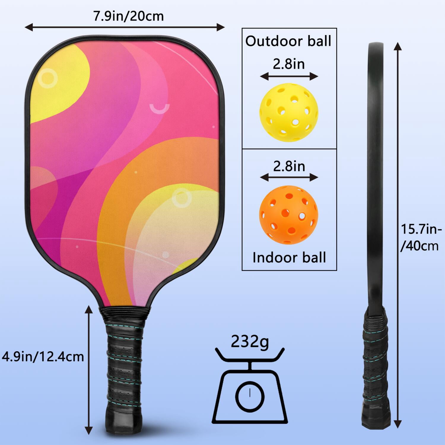 Pickleball Paddles Set Of 1, Fiberglass Surface, Neon Fluid Print, 1 Paddle, 2 Balls & Bag