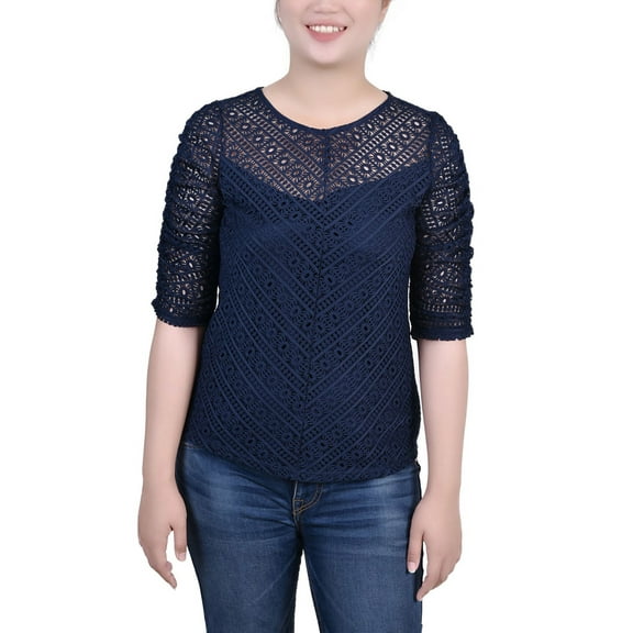 Petite Rouched Sleeve Lace Top Navy Blazer PM