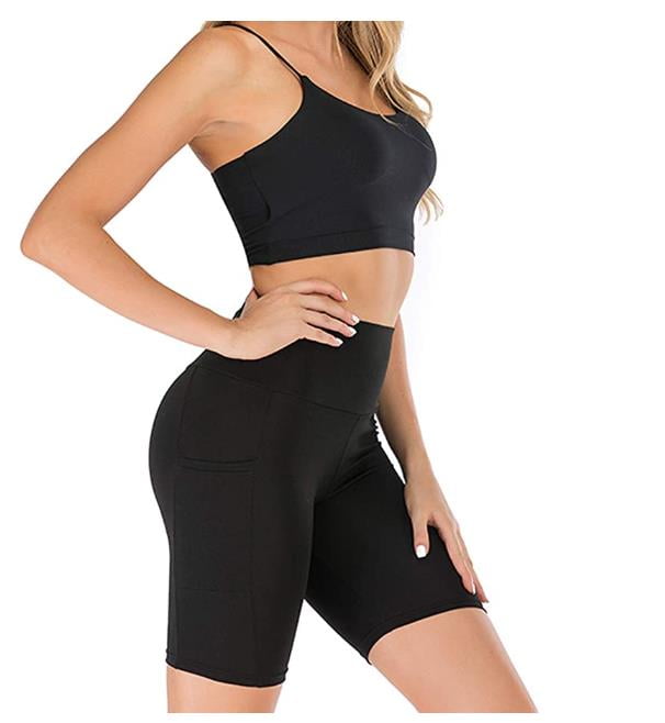 Dual Pocket High Waist Workout Shorts-Tummy Control Yoga Gym Running Pants,Non See-Through Soft Legging