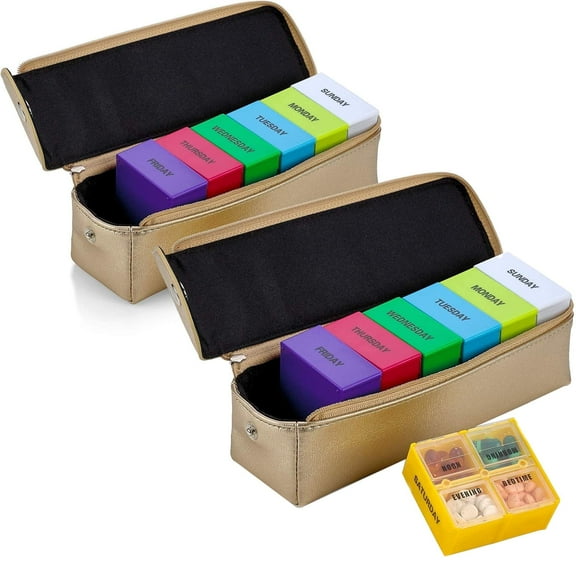 MEDca 2 Pack, Large 7 Day Weekly Pill Organizer Boxes Gold Leather Case