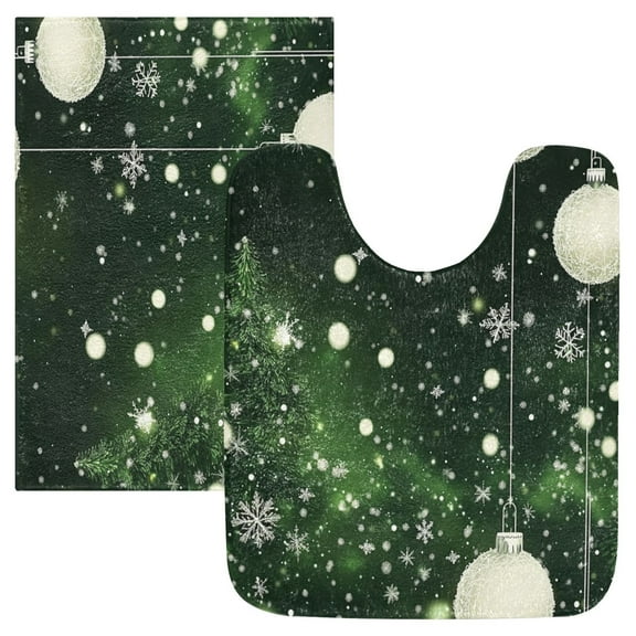2 Piece Soft Bathroom Rug Set Christmas Elements Green Background Bath Mat and U-Shaped Toilet Contour Rug (16"x24" 20"x24")