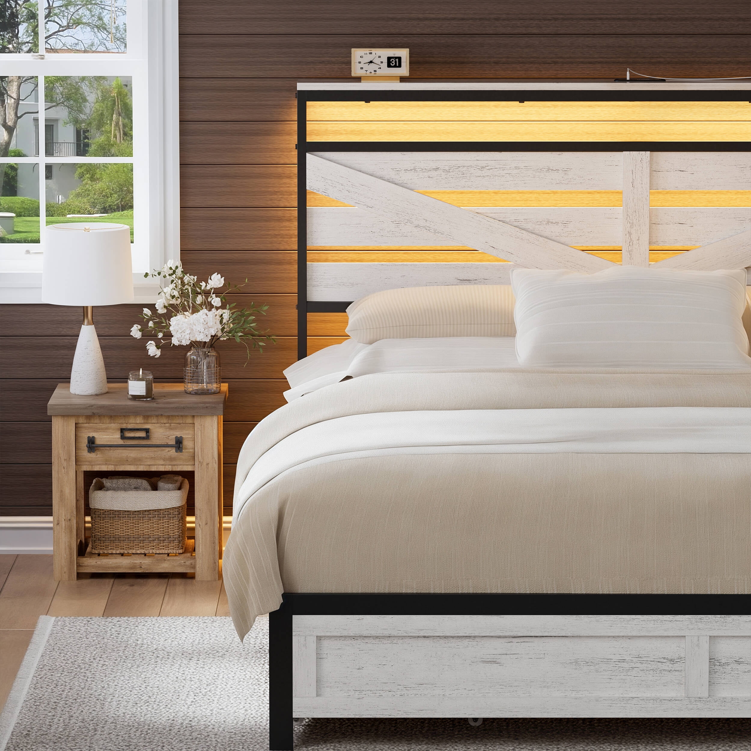 GUNAITO Queen Bed Frame with Storage Headboard & 4 Drawers, Industrial Metal Platform LED Bed with USB Ports & Outlets, Light Gray