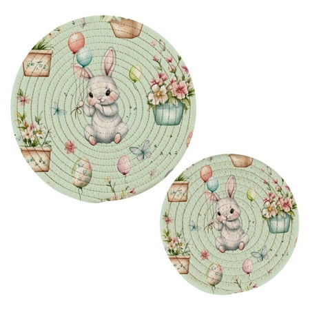 

Cotton Rope Pot Holder Set of 2 Kitchen Trivets Cute Bunny Holding Balloons Potholdersfor Hot Pans & Dishes