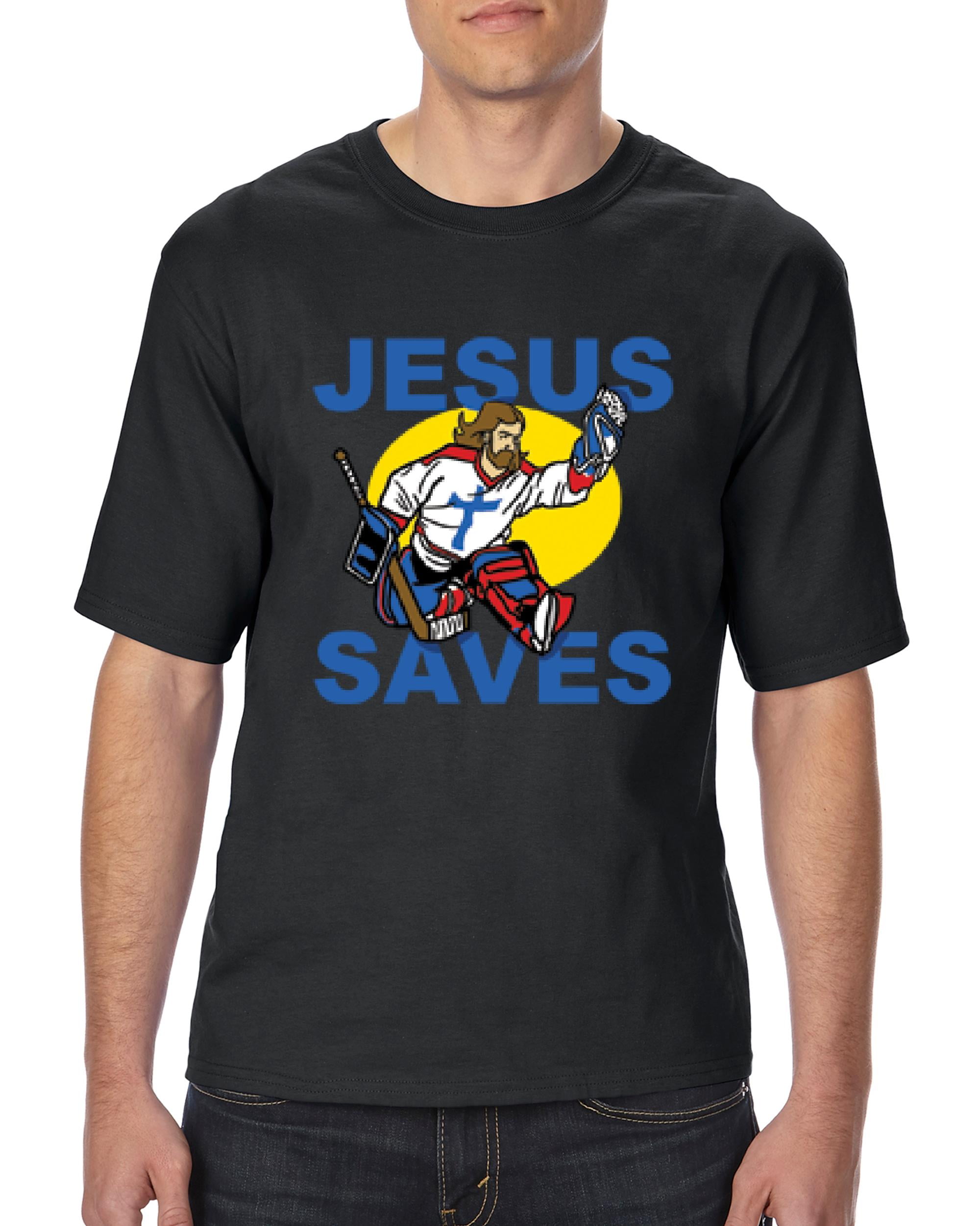Artix Mens and Big Mens Jesus Saves Hockey Goalie TShirt, up to size