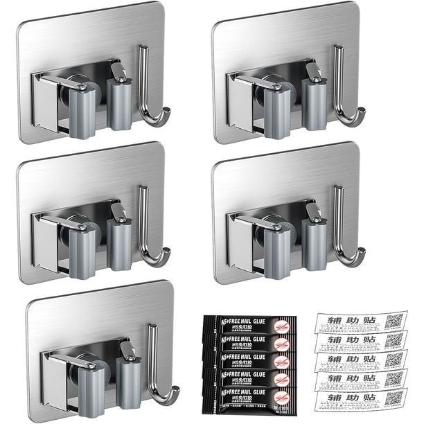 Mop Broom Holder, 5 Pcs Stainless Steel Self Adhesive Mop Holder Wall Mounted with Hooks Hanger Nail Free Glue Auxiliary Stickers, Self-Adhesive Broom Holder for Bathroom, Kitchen(Silver)