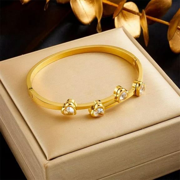 GKNET 18K Gold Plated Stainless Steel Inlay White Heart CZ Women Bangle Bracelet