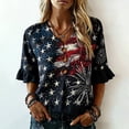 thumbnail image 2 of Gsakboxl Womens Shirts Casual Independence Day American Flag Star Pattern Notch V Neck 3/4 Sleeve Peplum Hem Patriotic Blouse Fashion Daily Top Navy 4XL, 2 of 4